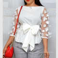 Large Size O-neck Petal Sleeve Bowtie Patchwork See Through Lady Blouse
